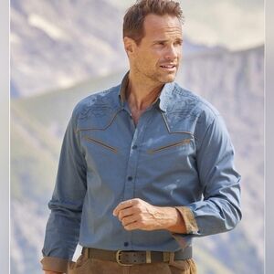 Atlas For Men Button Down Shirt Men's Western Blue Floral Print Longsleeve  2XL